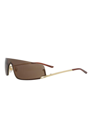 Gucci GG1561 S unisex shield sunglasses with a shiny gold metal frame and brown wrap-around lenses.