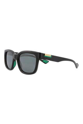 Gucci GG1621S square men's sunglasses in shiny black injection plastic with grey lenses and green temple accents.