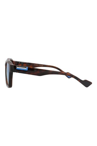 Gucci GG1640 square sunglasses in shiny dark Havana with blue temple accents and logo detailing.