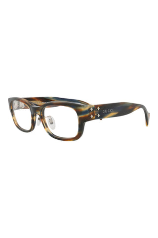Gucci GG1744 square eyeglasses in striated reddish Havana recycled acetate with silver-tone temple detailing.