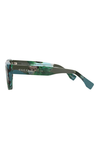 Gucci men's square recycled acetate sunglasses in shiny green and pearled brown Havana with logo detail on the temple.