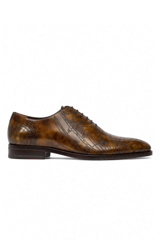 Warm brown calfskin wholecut oxford shoe with engraved antique cartography design and dark laces.