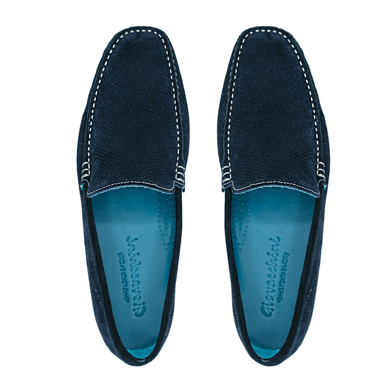 Giovacchini Diego Men's Shoes Blue Perforated Suede Leather Slip-On Loafers (GVCN1012)-AmbrogioShoes