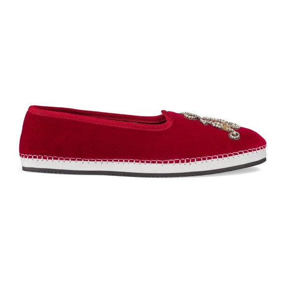 Gucci 574881 FAS60 6472 Men's Shoes Red Velvet 'AM' Appliqué Slip-On Loafers (GGM1726)-AmbrogioShoes