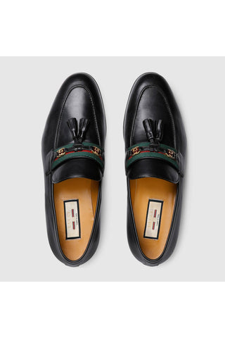 Gucci 624720 1066 Black Leather with Web and Interlocking G Tassels Loafers (GGM1721)
