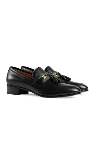 Gucci 624720 1066 Black Leather with Web and Interlocking G Tassels Loafers (GGM1721)