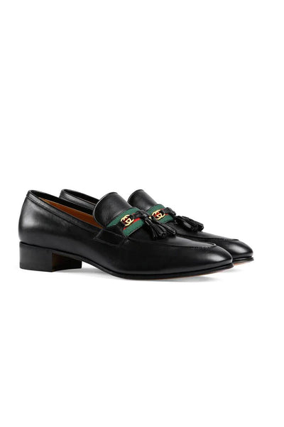 Gucci Black Leather Loafers with Web & Interlocking G Tassels