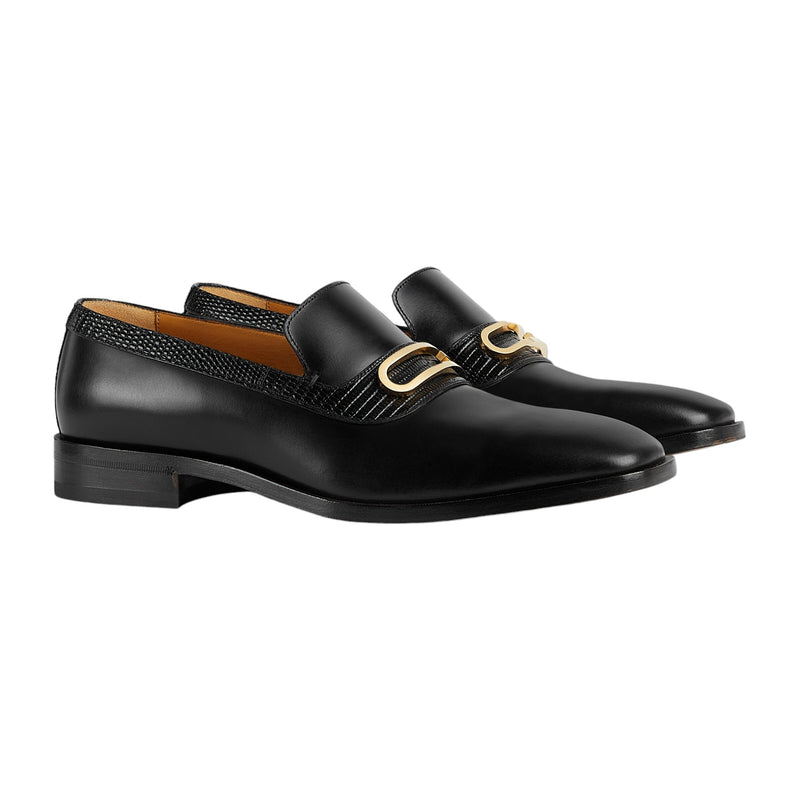 Gucci 750304 AACBM 1000 Men's Shoes Black Horse Calf-Skin Leather / Lizard Geometric G Slip-On Loafers (GGM1742)-AmbrogioShoes