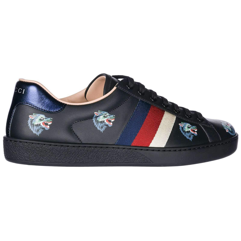 Gucci Ace Wolf Embroidered Sneakers Black Leather Trainers 386750 OH810 (GG1703)-AmbrogioShoes