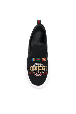 Gucci Dublin Black Worldwide Sewed Cotton / Leather Slip-On Sneakers (GGM1712)-AmbrogioShoes