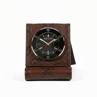 Gucci Limited Edition Brown Stainless Steel / Calf-Skin Leather Travel Desk Alarm Clock/Watch (GGC1)-AmbrogioShoes