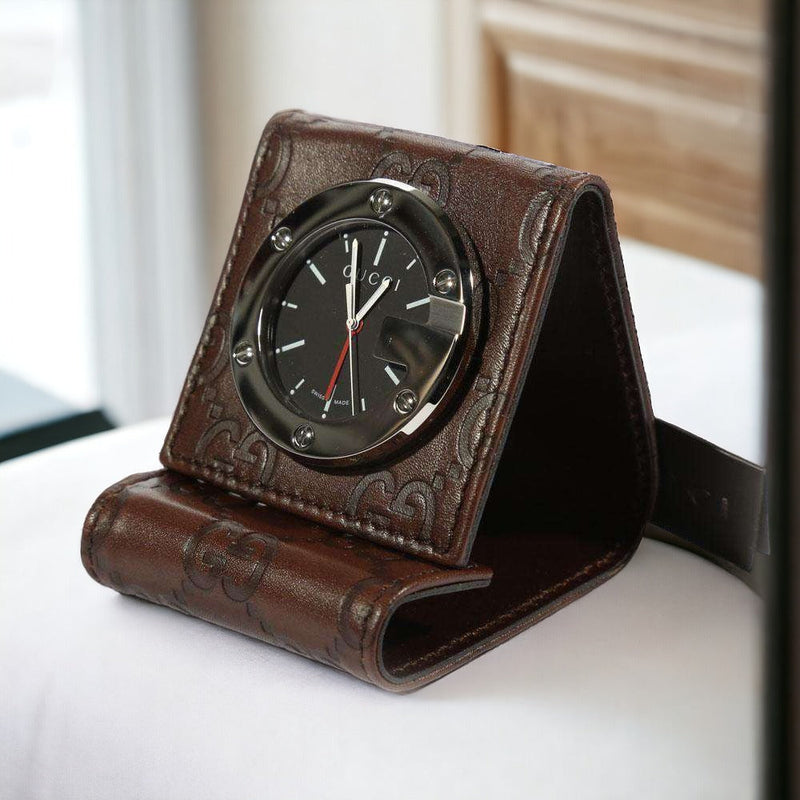 Gucci Limited Edition Brown Stainless Steel / Calf-Skin Leather Travel Desk Alarm Clock/Watch (GGC1)-AmbrogioShoes