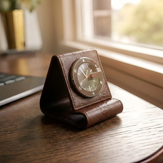 Gucci Limited Edition Brown Stainless Steel / Calf-Skin Leather Travel Desk Alarm Clock/Watch (GGC1)-AmbrogioShoes