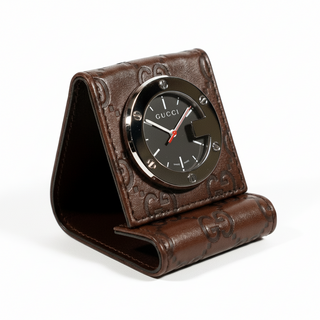 Gucci Limited Edition Brown Stainless Steel / Calf-Skin Leather Travel Desk Alarm Clock/Watch (GGC1)-AmbrogioShoes