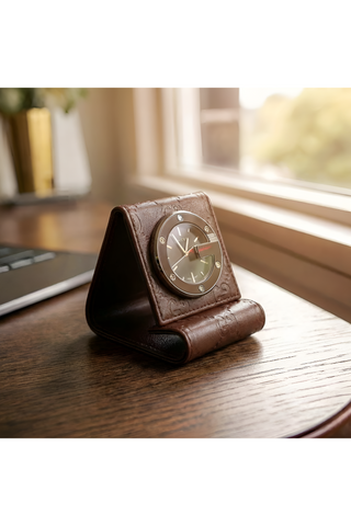 Gucci Limited Edition Brown Stainless Steel / Leather Travel Desk Alarm Clock/Watch (GGC1)-AmbrogioShoes