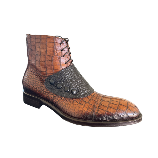Jo Ghost 1788 Men's Shoes Brown & Navy Luisiana Crocodile Print Leather Ankle Boots (JG5322)-AmbrogioShoes