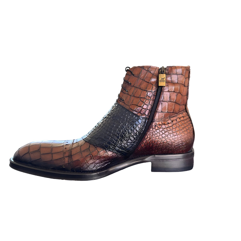 Jo Ghost 1788 Men's Shoes Brown & Navy Luisiana Crocodile Print Leather Ankle Boots (JG5322)-AmbrogioShoes
