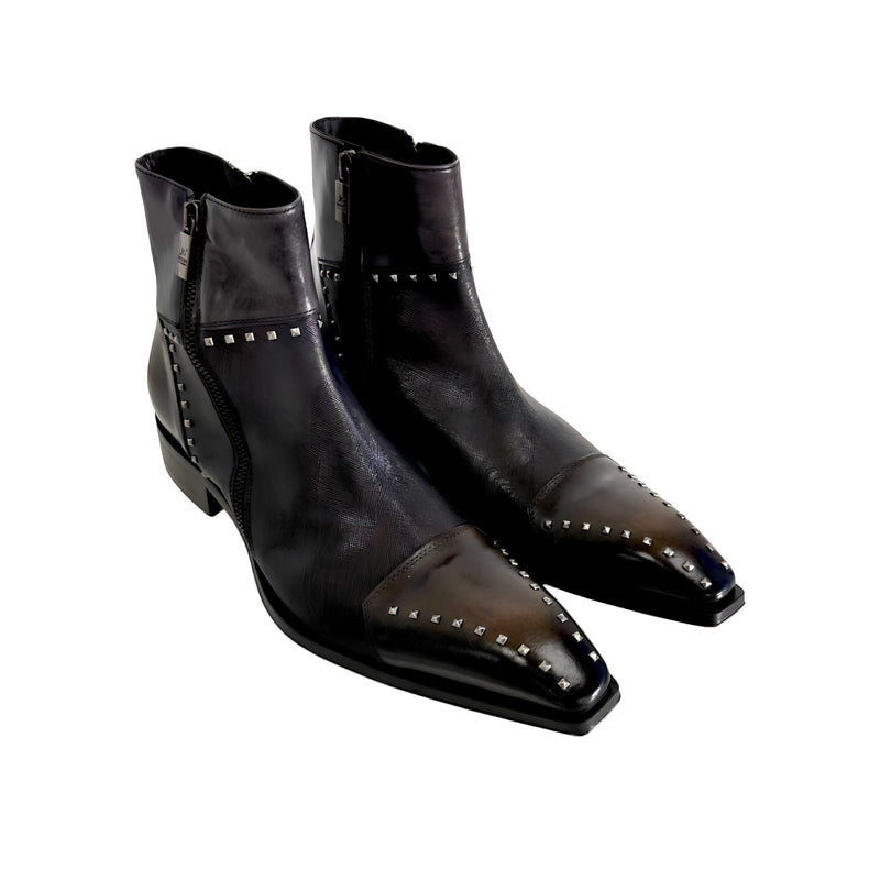 Jo Ghost 3516 Men's Shoes Black & Brown Calf-Skin Leather Stud Ankle Boots (JG5325)-AmbrogioShoes