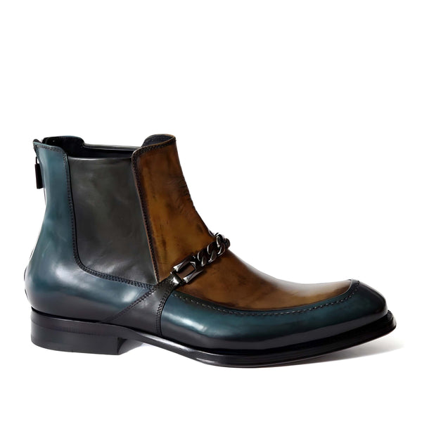 Jo Ghost 4749 Men's Shoes Turquoise, Cognac & Gray Calf-Skin Leather Ankle Boots (JG5356)-AmbrogioShoes
