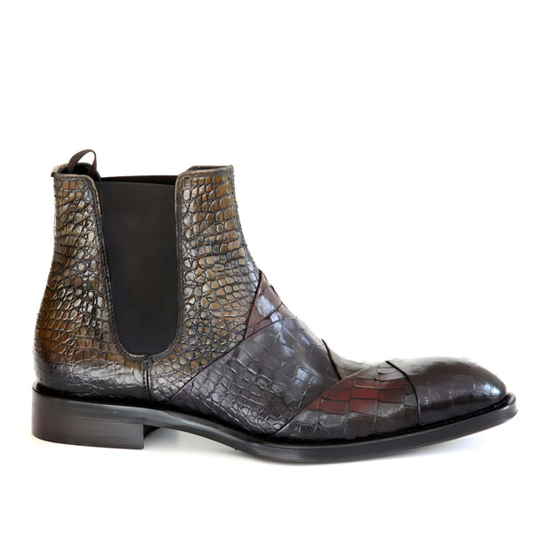 Jo Ghost 4784 Men's Shoes Two-Tone Brown & Gray Crocodile Print / Calf-Skin Leather Chelsea Boots (JG5348)-AmbrogioShoes