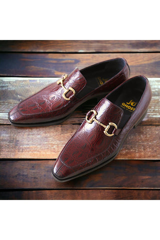 Jo Ghost 4956 Burgundy Crocodile Embossed Leather Horsebit Loafers (JG5368)-AmbrogioShoes