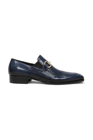 Jo Ghost 4957 Navy Flower Embossed Leather Horsebit Loafers (JG5367)-AmbrogioShoes