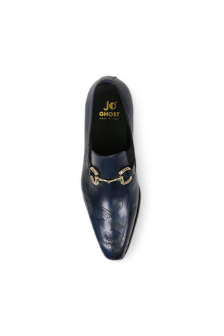 Jo Ghost 4957 Navy Flower Embossed Leather Horsebit Loafers (JG5367)-AmbrogioShoes