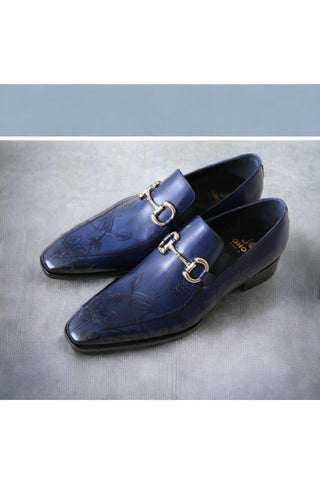 Jo Ghost 4957 Navy Flower Embossed Leather Horsebit Loafers (JG5367)-AmbrogioShoes