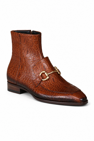 Jo Ghost 4970 Cognac Crocodile Embossed Leather Horsebit Boots (JG5360)