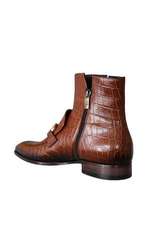 Jo Ghost 4970 Cognac Crocodile Embossed Leather Horsebit Boots (JG5360)-AmbrogioShoes
