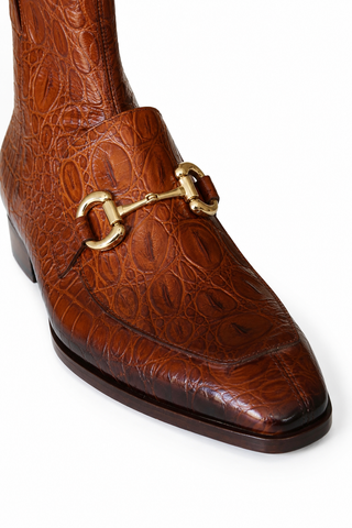 Jo Ghost 4970 Cognac Crocodile Embossed Leather Horsebit Boots (JG5360)
