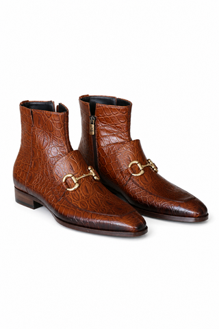 Jo Ghost 4970 Cognac Crocodile Embossed Leather Horsebit Boots (JG5360)