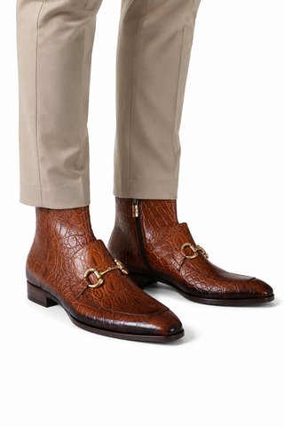 Jo Ghost 4970 Cognac Crocodile Embossed Leather Horsebit Boots (JG5360)
