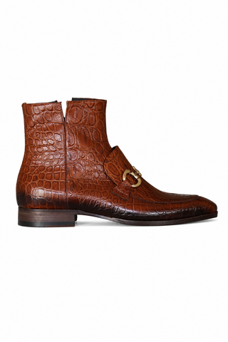 Jo Ghost 4970 Cognac Crocodile Embossed Leather Horsebit Boots (JG5360)