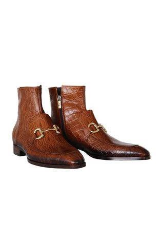 Jo Ghost 4970 Cognac Crocodile Print Leather Horsebit Boots (JG5360)-AmbrogioShoes