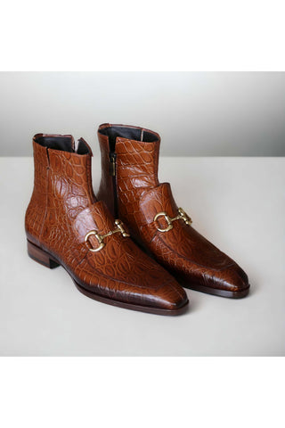 Jo Ghost 4970 Cognac Crocodile Print Leather Horsebit Boots (JG5360)-AmbrogioShoes
