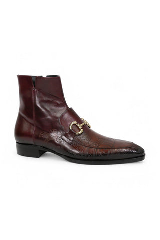 Jo Ghost 4971 Burgundy Flower Embossed Leather Horsebit Boots (JG5361)-AmbrogioShoes