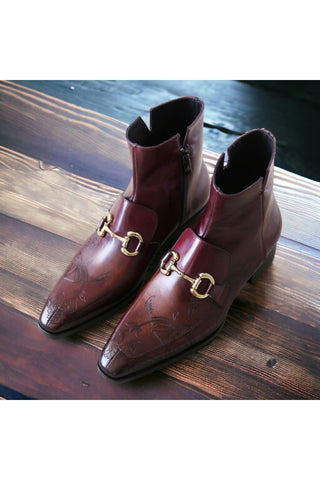 Jo Ghost 4971 Burgundy Flower Embossed Leather Horsebit Boots (JG5361)-AmbrogioShoes