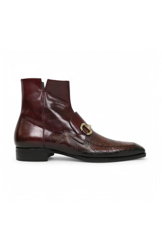Jo Ghost 4971 Burgundy Flower Embossed Leather Horsebit Boots (JG5361)-AmbrogioShoes