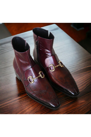 Jo Ghost 4971 Burgundy Flower Print Leather Horsebit Boots (JG5361)-AmbrogioShoes