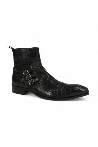 Jo Ghost 4991 Black Texture Print Calf-Skin Leather Multi-Buckle Boots (JG5359)-AmbrogioShoes