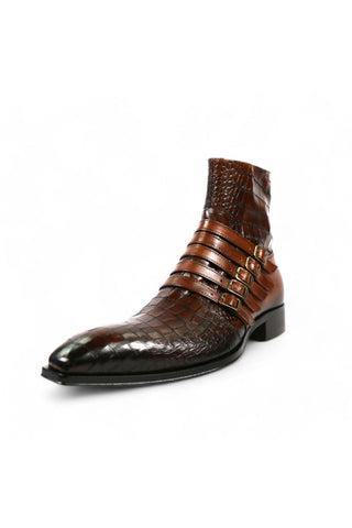 Jo Ghost 5225 Two-Tone Brown Crocodile Embossed / Calf-Skin Leather Multi-Buckle Ankle Boots (JG5358)-AmbrogioShoes