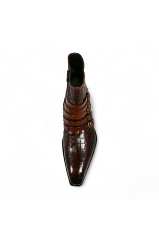 Jo Ghost 5225 Two-Tone Brown Crocodile Embossed / Calf-Skin Leather Multi-Buckle Ankle Boots (JG5358)-AmbrogioShoes