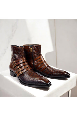 Jo Ghost 5225 Two-Tone Brown Crocodile Embossed / Calf-Skin Leather Multi-Buckle Ankle Boots (JG5358)-AmbrogioShoes