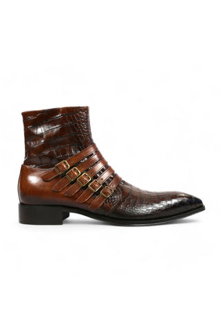 Jo Ghost 5225 Two-Tone Brown Crocodile Embossed / Calf-Skin Leather Multi-Buckle Ankle Boots (JG5358)-AmbrogioShoes