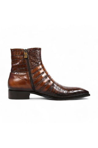 Jo Ghost 5225 Two-Tone Brown Crocodile Print / Calf-Skin Leather Multi-Buckle Ankle Boots (JG5358)-AmbrogioShoes