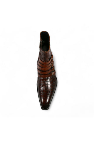Jo Ghost 5225 Two-Tone Brown Crocodile Print / Calf-Skin Leather Multi-Buckle Ankle Boots (JG5358)-AmbrogioShoes