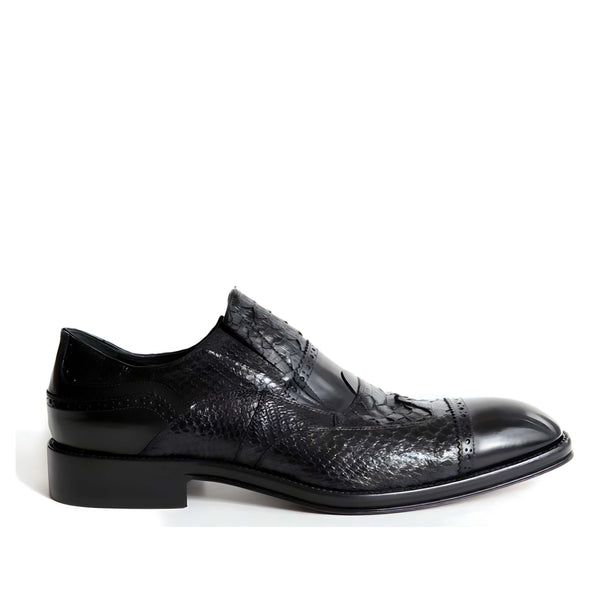 Jo Ghost 993 Men's Shoes Black Python Print / Calf-Skin Leather Cap-Toe Loafers (JG5326)-AmbrogioShoes