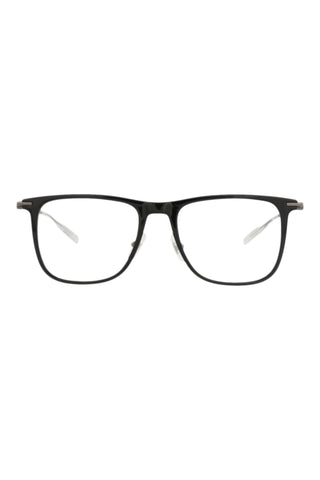 Montblanc men's square eyeglasses with a shiny black injection frame and ruthenium accents.
