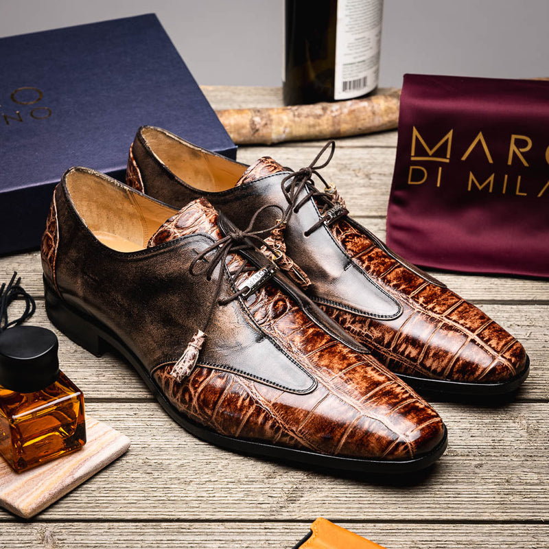 Marco Di Milano ANZIO Exotic Alligator & Calfskin Leather Brown Oxfords (MDM1033)-AmbrogioShoes